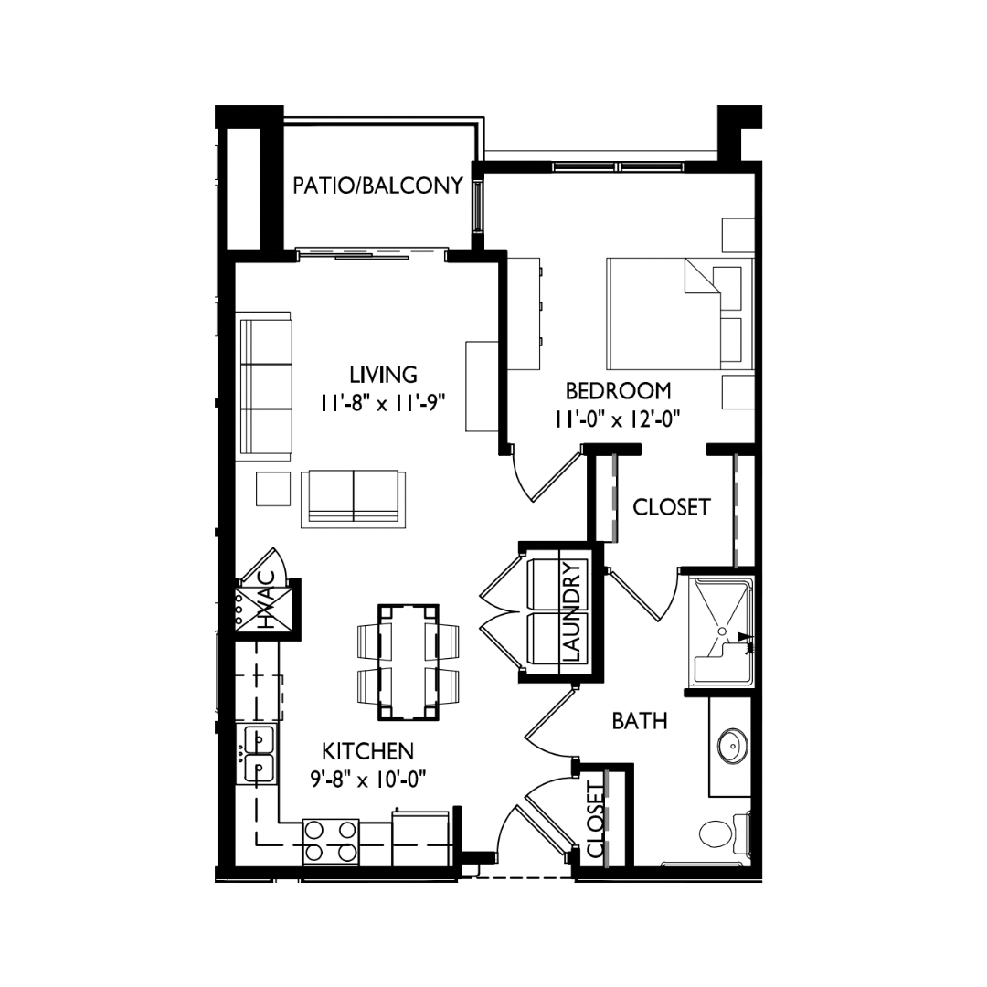 Floor plan for 1 bed, 1 bath, 682 sqft
